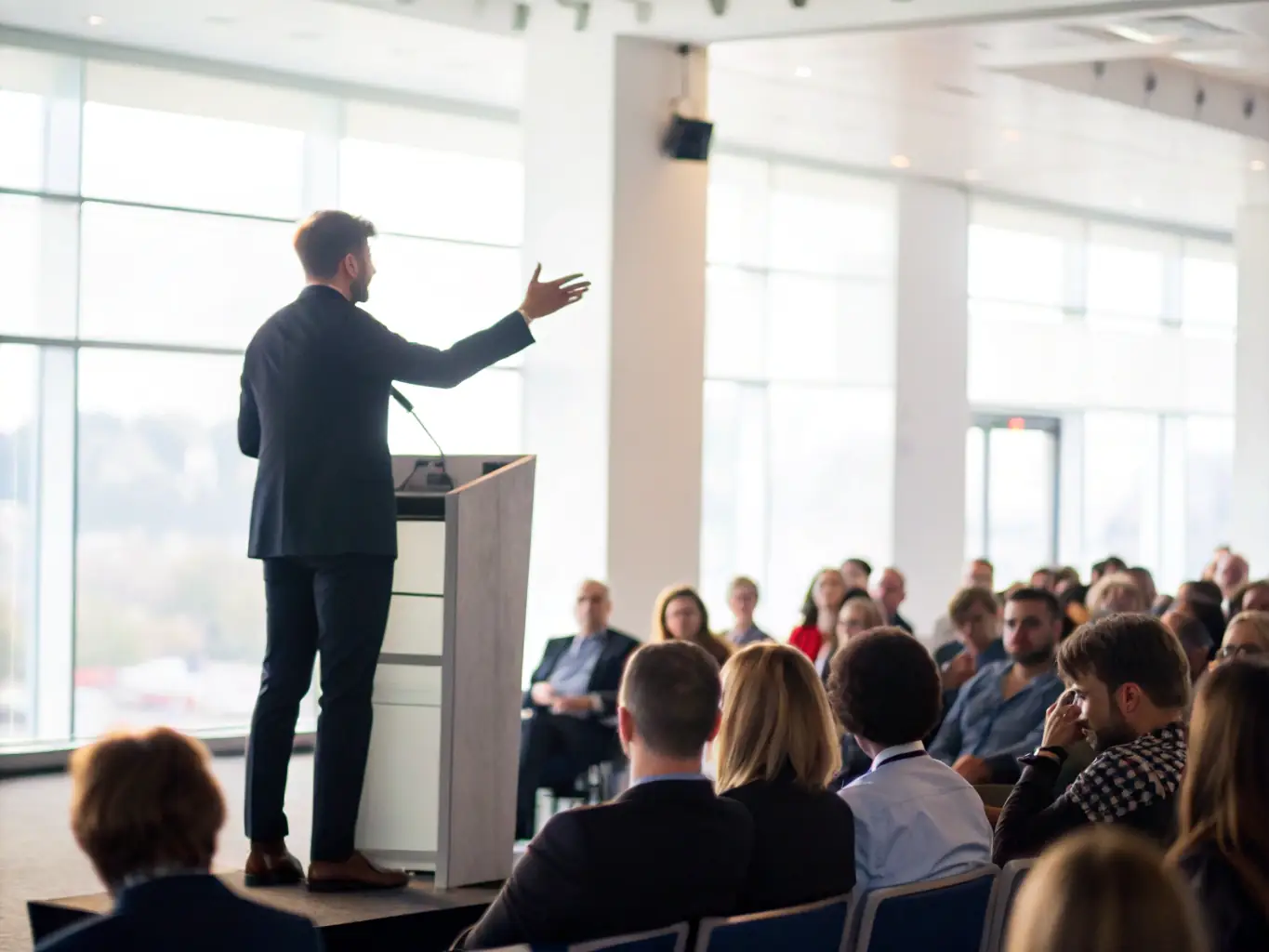 A photograph of a keynote speaker passionately addressing a large audience at a business conference, with a focus on the speaker's engaging gestures and the attentive audience.
